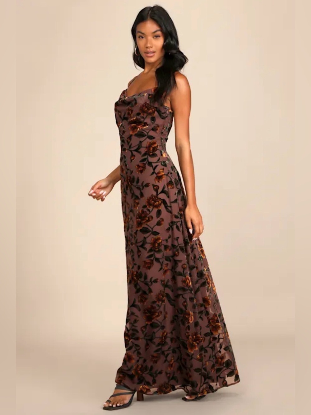 Romance in the Making Plum Purple Floral Print Velvet Maxi Dress Style 1561596 - Picture 3 of 7